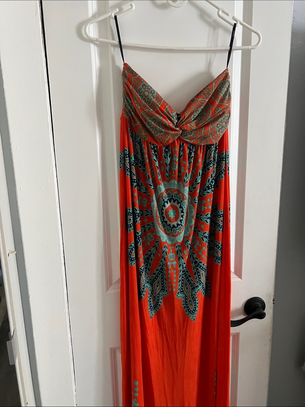Bold Orange Maxi Dress with Teal Mandala Print